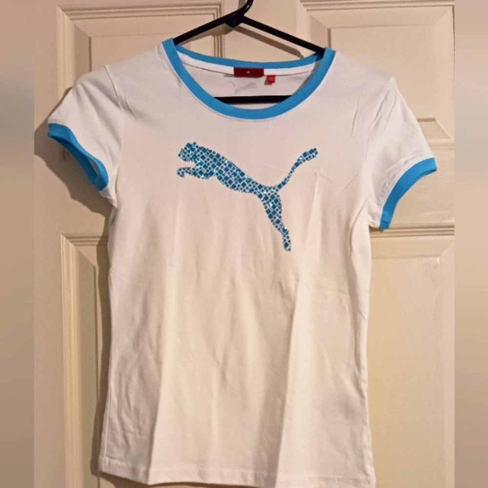 Puma White T-shirt with Blue Glitter/Metallic Puma Logo